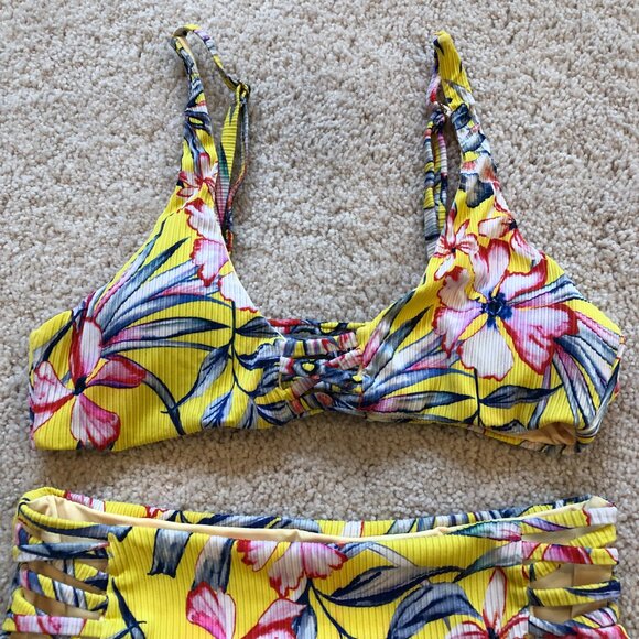 Women's Yellow Blue Floral Adjustabel Padded Top High Waisted Cheeky Bikini - Picture 2 of 14